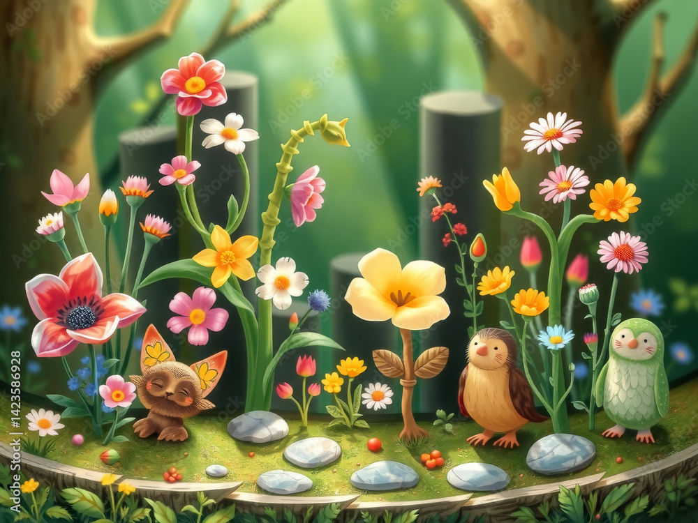 A colorful scene of flowers and animals, including a bird and a squirrel, is displayed on a stone surface