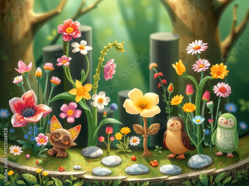 Obraz na płótnie A colorful scene of flowers and animals, including a bird and a squirrel, is displayed on a stone surface w salonie