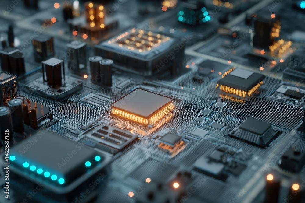 A detailed close-up of a computer circuit board with a processor glowing on it. Technological advancements in circuit design. A detailed close-up of a computer circuit board with a processor glowing on it. Technological advancements in circuit design.