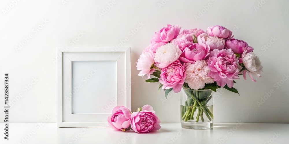 Square Photo Frame Mockup with Peony Bouquet - Floral Photography Template Square Photo Frame Mockup with Peony Bouquet - Floral Photography Template
