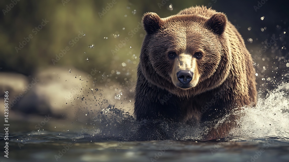 Grizzly Bear Walking Through Water Creating Splashes in Nature Grizzly Bear Walking Through Water Creating Splashes in Nature