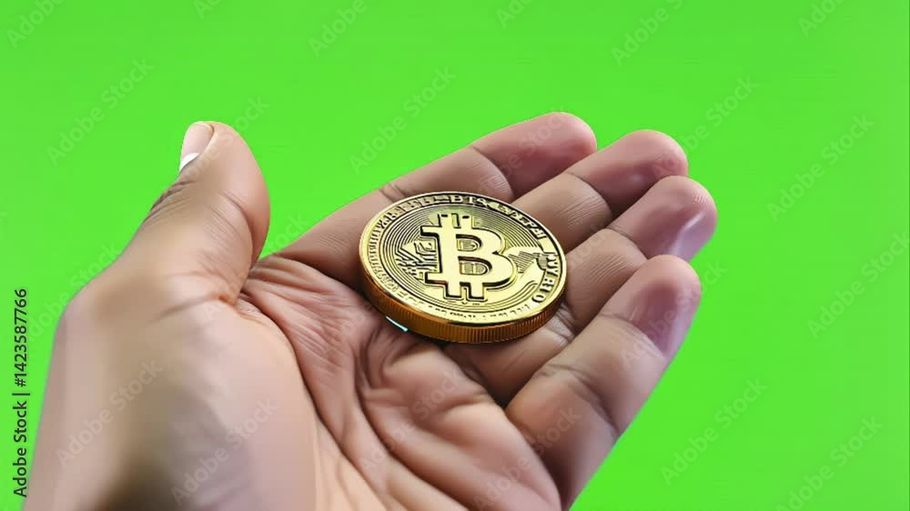 hand and coin 3d bitcoin symbol on green screen background