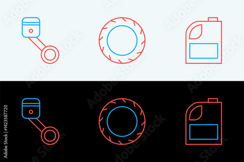 Set line Canister for motor machine oil, Engine piston and Car tire wheel icon. Vector