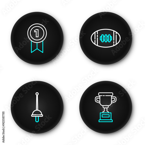 Set line Award cup, Fencing, American Football ball and Medal icon. Vector