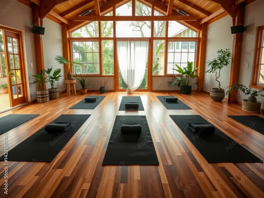 A yoga studio with a lot of plants and a lot of mats. The mats are black and the studio is very spacious