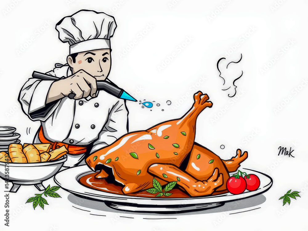 A chef is cooking a turkey with a blow dryer. The turkey is covered in sauce and the chef is spraying it with water