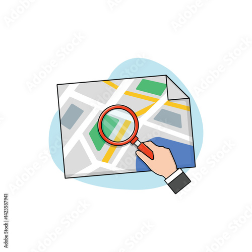 Map with Hand and Magnifying Glass Vector Illustration. Searching Location Concept Design