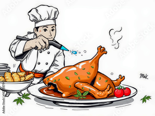 Obraz na płótnie A chef is cooking a turkey with a blow dryer. The turkey is covered in sauce and the chef is spraying it with water w salonie