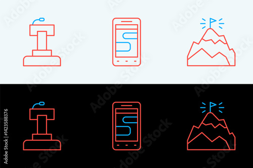 Set line Mountains with flag, Stage stand or tribune and Chat messages on phone icon. Vector
