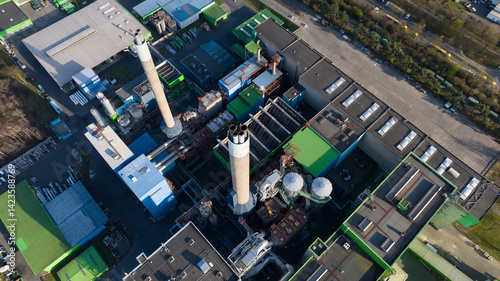 Waste incineration facility, industrial plant to turn waste into energy. Aerial view.