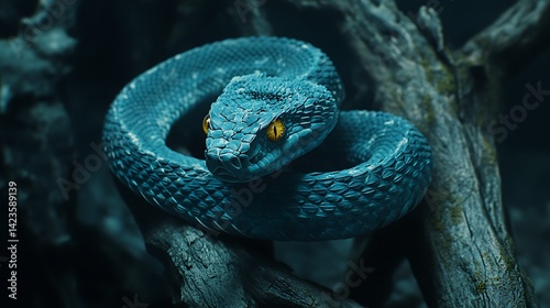 Blue Viper Coiled on Branch with Striking Yellow Eyes Wildlife Photo