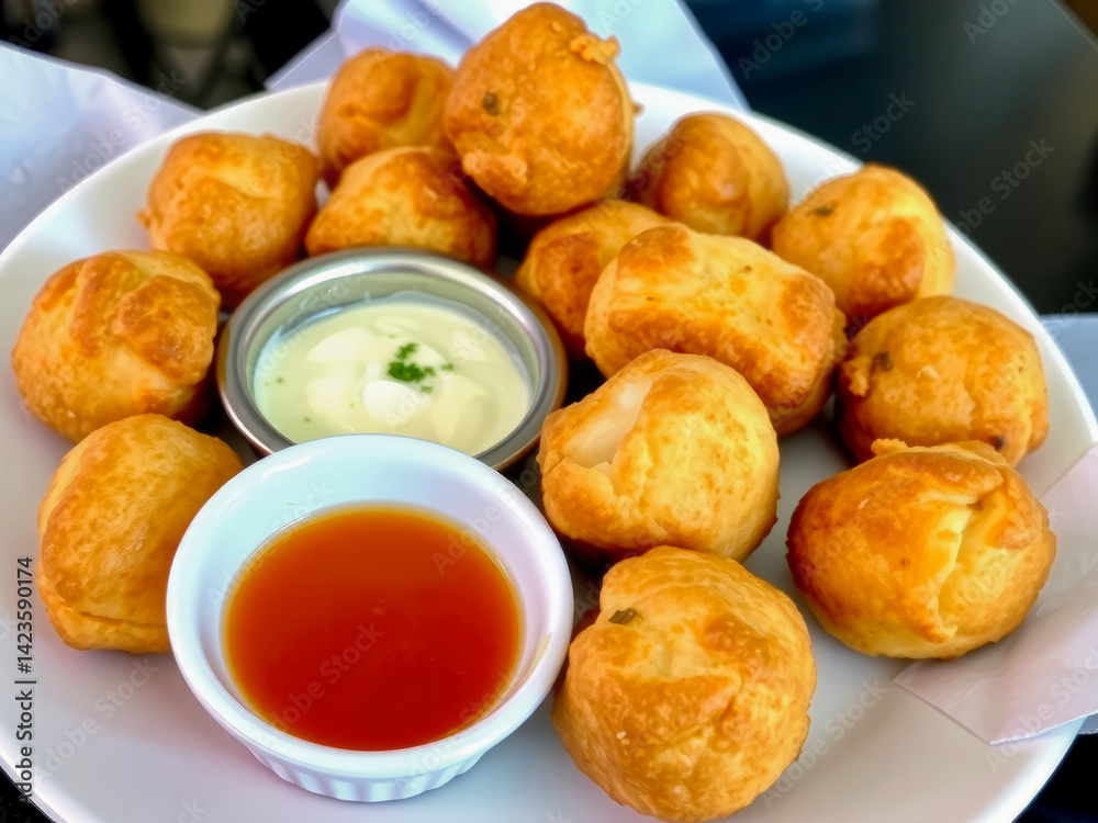 A plate of fried doughnuts with a dipping sauce. The sauce is red and the doughnuts are golden brown