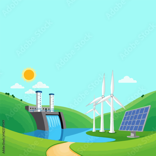 Vector illustration of environmentally friendly energy: solar panel, wind turbines, hydroelectric power plant.