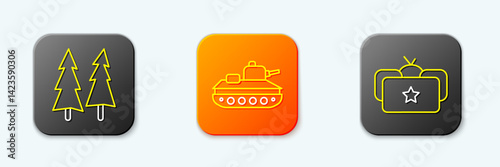 Set line Christmas tree, Military tank and Ushanka icon. Vector