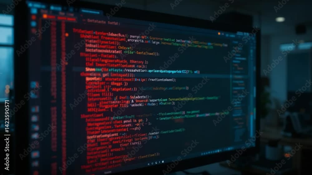 Computer Screen Displaying Red Code Ideal for Technology and Coding