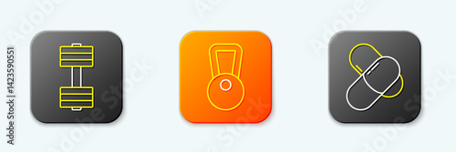 Set line Dumbbell, Kettlebell and Sports nutrition icon. Vector