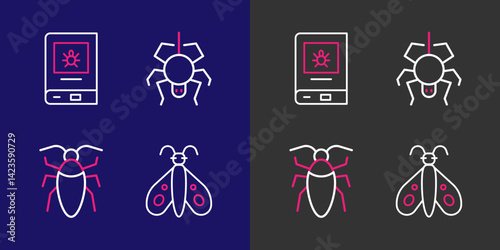 Set line Butterfly, Cockroach, Spider and Book about insect icon. Vector