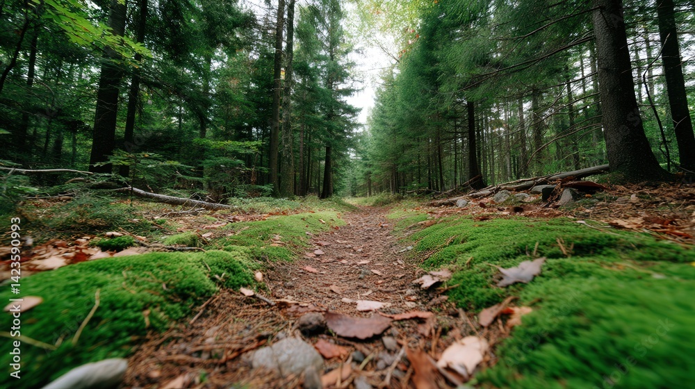 Serene Forest Path Through Lush Greenery Surrounded by Tall Trees and Fallen Leaves in Nature's Tranquil Setting Serene Forest Path Through Lush Greenery Surrounded by Tall Trees and Fallen Leaves in Nature's Tranquil Setting