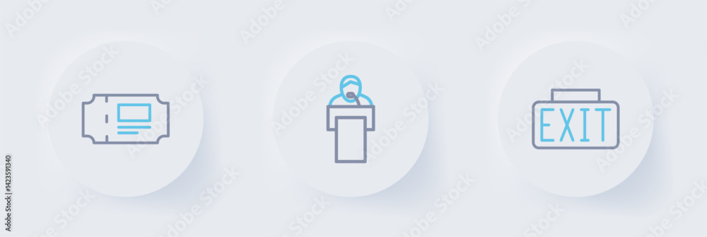Set line Exit sign, Gives lecture and Museum ticket icon. Vector Set line Exit sign, Gives lecture and Museum ticket icon. Vector