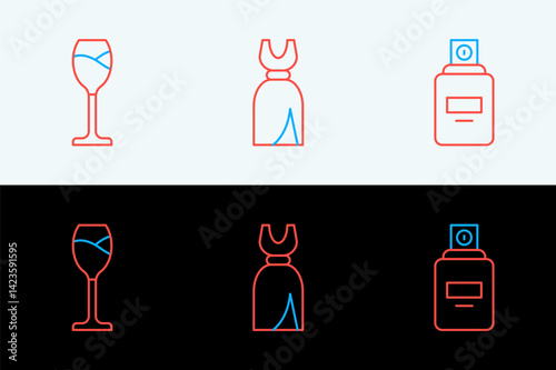 Set line Perfume, Wine glass and Woman dress icon. Vector