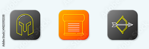 Set line Medieval iron helmet, Decree, parchment, scroll and bow and arrow icon. Vector
