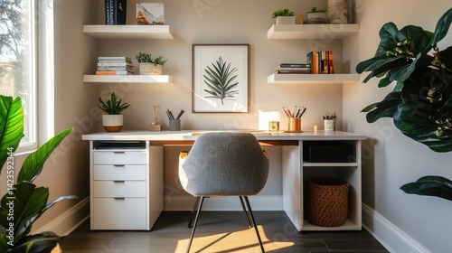 The modern study room features clean lines, a sleek desk, and built-in shelves filled with books and minimal decor. 