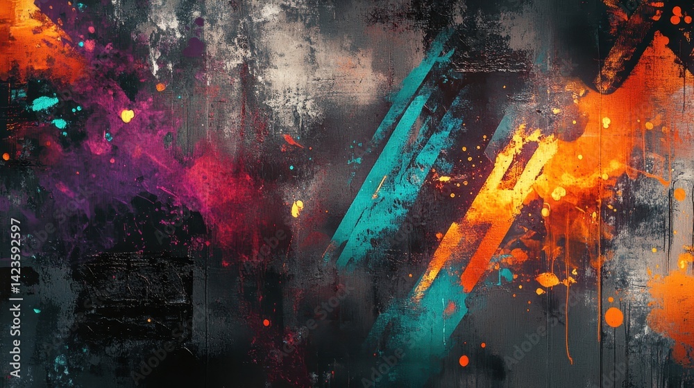 Fototapeta premium Metallic wallpaper with violet and orange glitch paint backdrop
