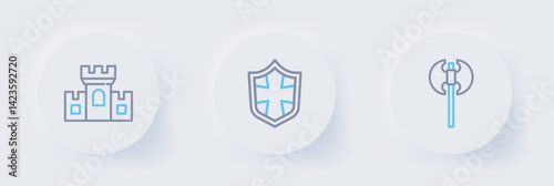 Set line Medieval axe, Shield and Castle, fortress icon. Vector