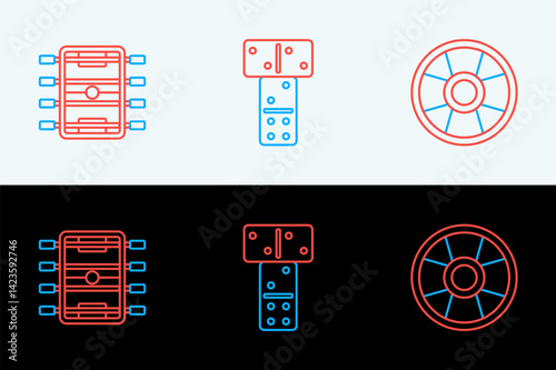 Set line Casino chip, Hockey table and Domino icon. Vector
