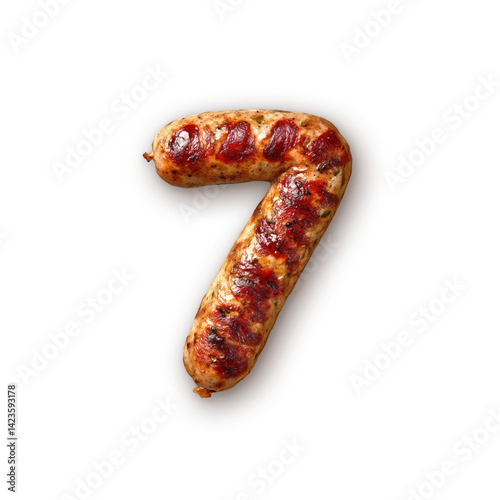 Grilled sausage shaped into the number seven with realistic texture and glossy surface isolated on a transparent background