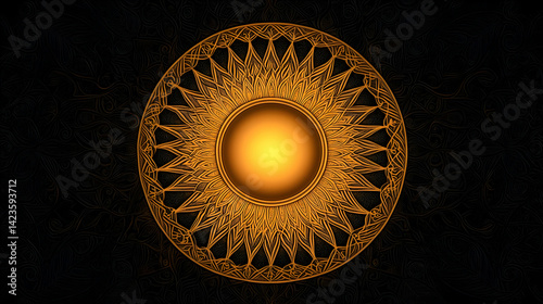 Mystical golden mandala radiating light against an intricate dark backdrop