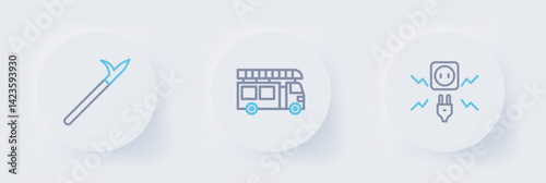 Set line Electricity spark, Fire truck and Metal pike pole icon. Vector