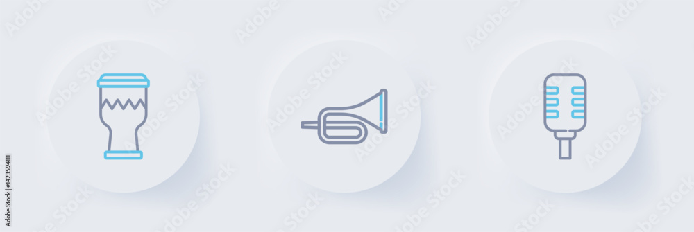Set line Microphone, Trumpet and Drum icon. Vector Set line Microphone, Trumpet and Drum icon. Vector
