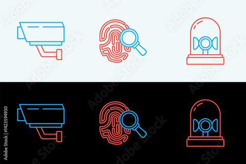 Set line Flasher siren, Security camera and Fingerprint icon. Vector