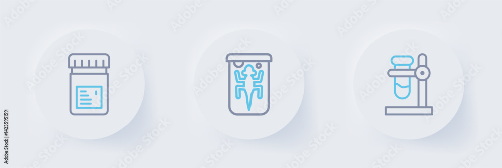 Set line Test tube flask on stand, Experimental animal and Jar with additives icon. Vector Set line Test tube flask on stand, Experimental animal and Jar with additives icon. Vector