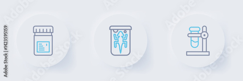 Set line Test tube flask on stand, Experimental animal and Jar with additives icon. Vector