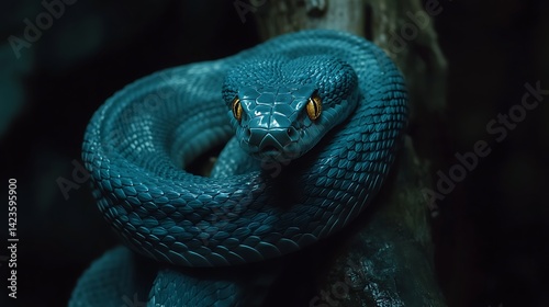 Blue Pit Viper Coiled Close Up with Vibrant Golden Eyes Looking Forward