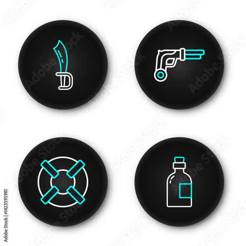 Set line Alcohol drink Rum, Lifebuoy, Vintage pistols and Pirate sword icon. Vector