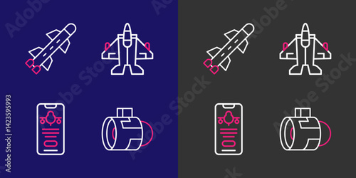Set line Jet engine turbine, Mobile with ticket, fighter and Rocket icon. Vector