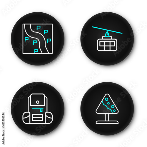 Set line Road sign avalanches, Hiking backpack, Cable car and Route location icon. Vector