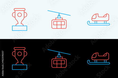 Set line Sled, Award cup and Cable car icon. Vector