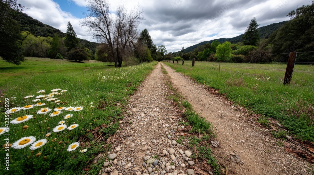 Obraz premium Serene Nature Path with Vibrant Daisies and Lush Greenery Under Dramatic Cloudy Sky in Scenic Landscape