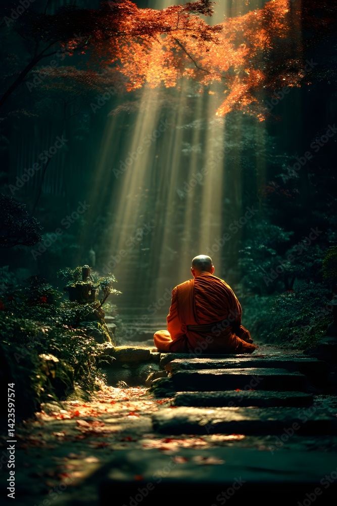 A monk meditates under a Bodhi tree at night, with light streaming down from above. The atmosphere in the forest is quiet and sacred, perfect for communicating religious or spiritual inspiration. A monk meditates under a Bodhi tree at night, with light streaming down from above. The atmosphere in the forest is quiet and sacred, perfect for communicating religious or spiritual inspiration.