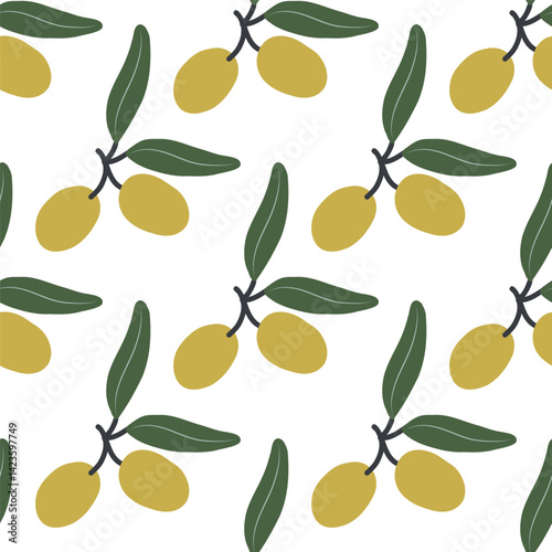 Seamless pattern of hand-drawn olive branches with green leaves and ripe yellow olives - ideal for food packaging, fabric, kitchen decor, organic branding, and Mediterranean product design.