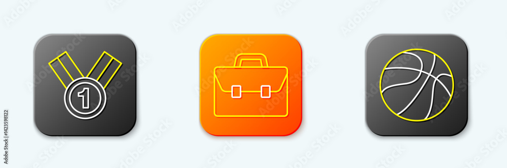 Set line Medal, Briefcase and Basketball ball icon. Vector Set line Medal, Briefcase and Basketball ball icon. Vector