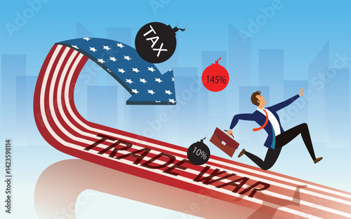 America tax, trade war impact to world business. Company and business to survive concept. Financial crisis help policy. Businessman leader stand safe by cover himself with big shield from trade war.