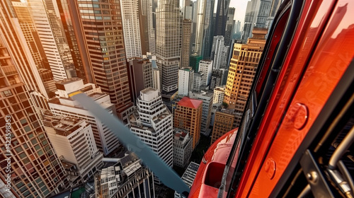Aerial view from cable car overlooking city skyscrapers and urban landscape