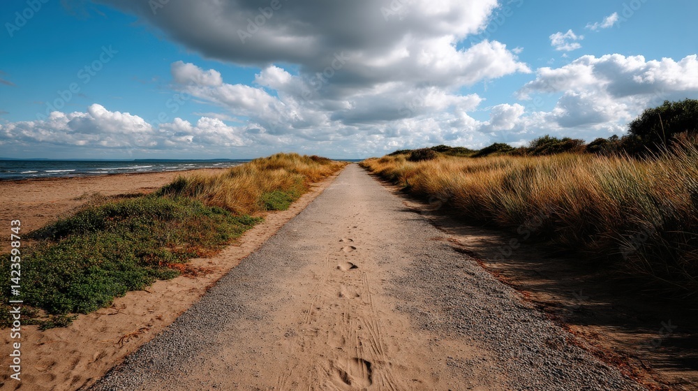 Fototapeta premium Scenic Coastal Pathway with Grass and Clouds Under Blue Sky at Beachside Landscape
