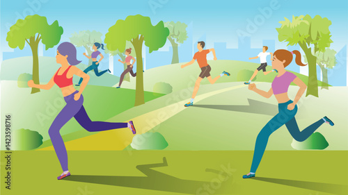 group of people  men and women exercise running at park. health care concept Vector illustration.
