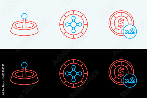 Set line Casino chips, roulette wheel and icon. Vector